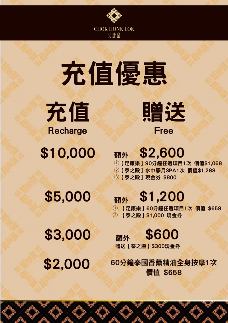 足康樂 鴻安中心分店(金龍酒店側面)的充值優惠